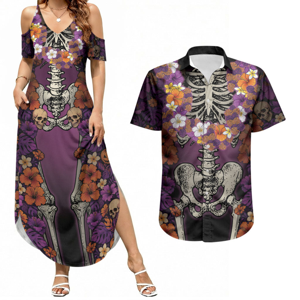 Hawaii Halloween Couples Matching Summer Maxi Dress and Hawaiian Shirt Skeleton Bones Flower Lei Tropical Floral DT05 Black - Polynesian Pride
