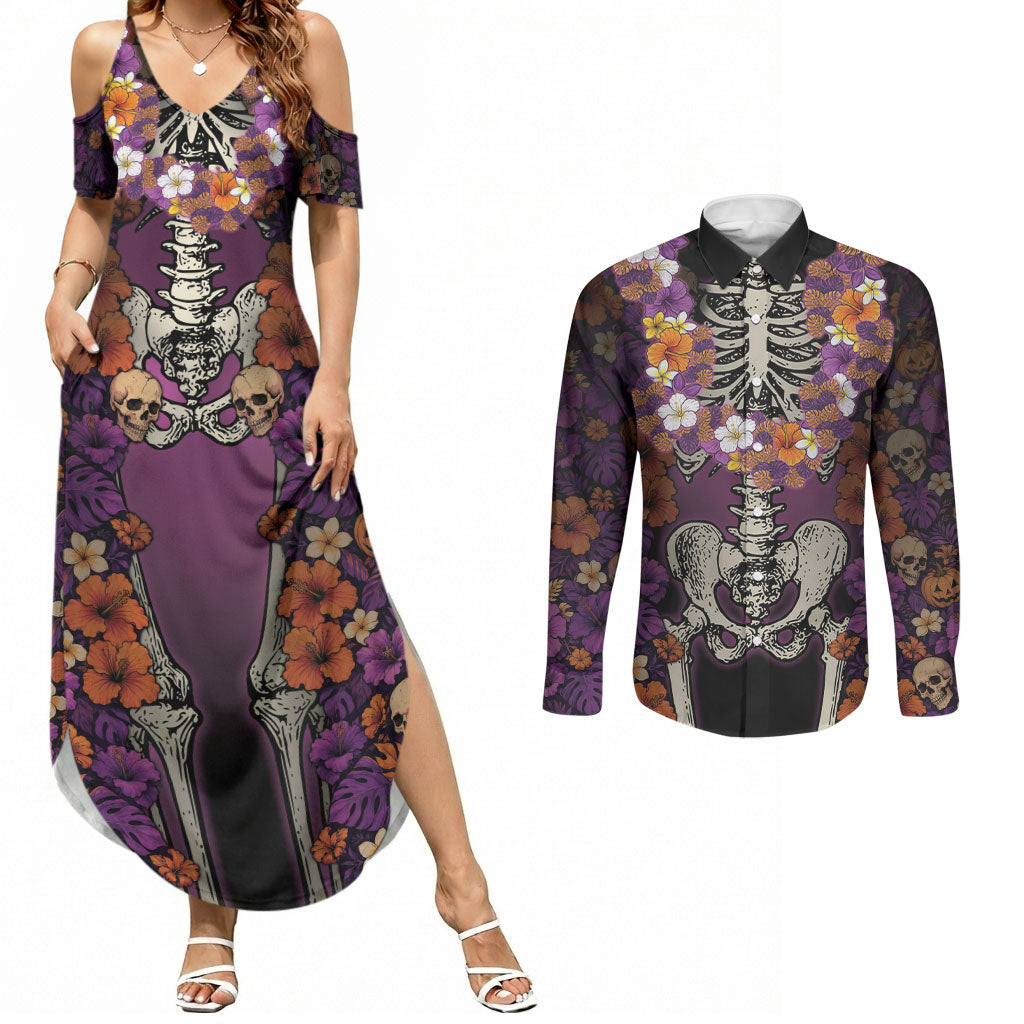 Hawaii Halloween Couples Matching Summer Maxi Dress and Long Sleeve Button Shirt Skeleton Bones Flower Lei Tropical Floral DT05 Black - Polynesian Pride