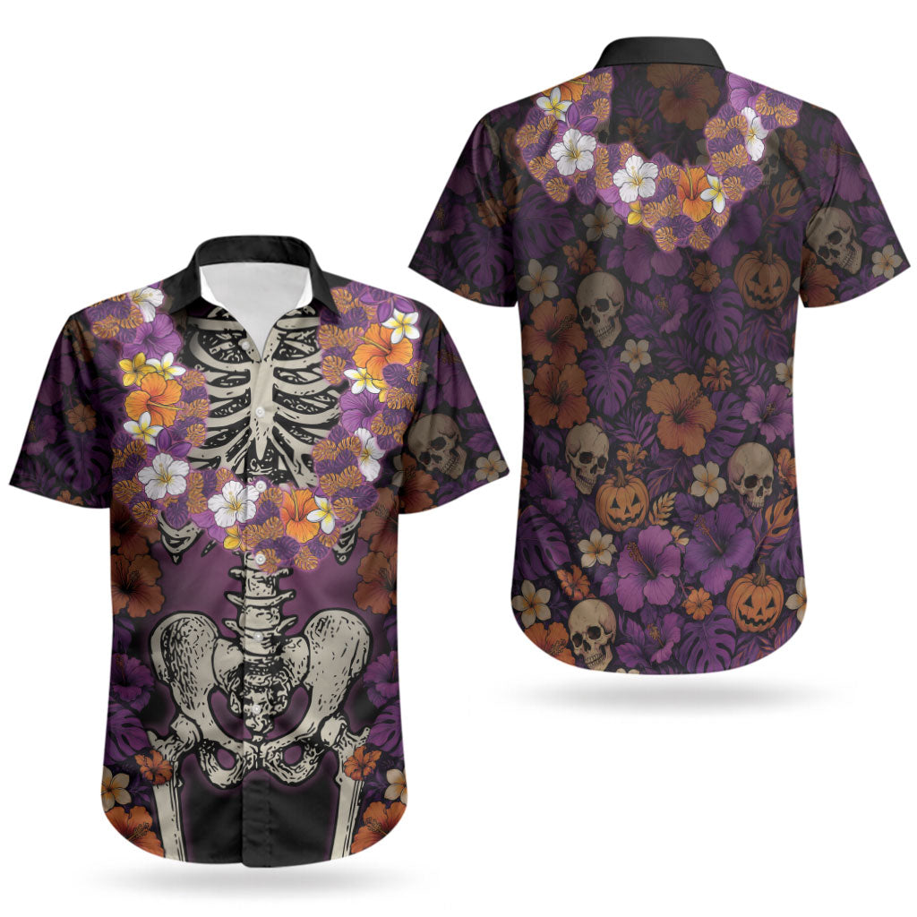 Hawaii Halloween Couples Matching Tank Maxi Dress and Hawaiian Shirt Skeleton Bones Flower Lei Tropical Floral DT05 - Polynesian Pride