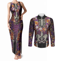 Hawaii Halloween Couples Matching Tank Maxi Dress and Long Sleeve Button Shirt Skeleton Bones Flower Lei Tropical Floral DT05 Black - Polynesian Pride