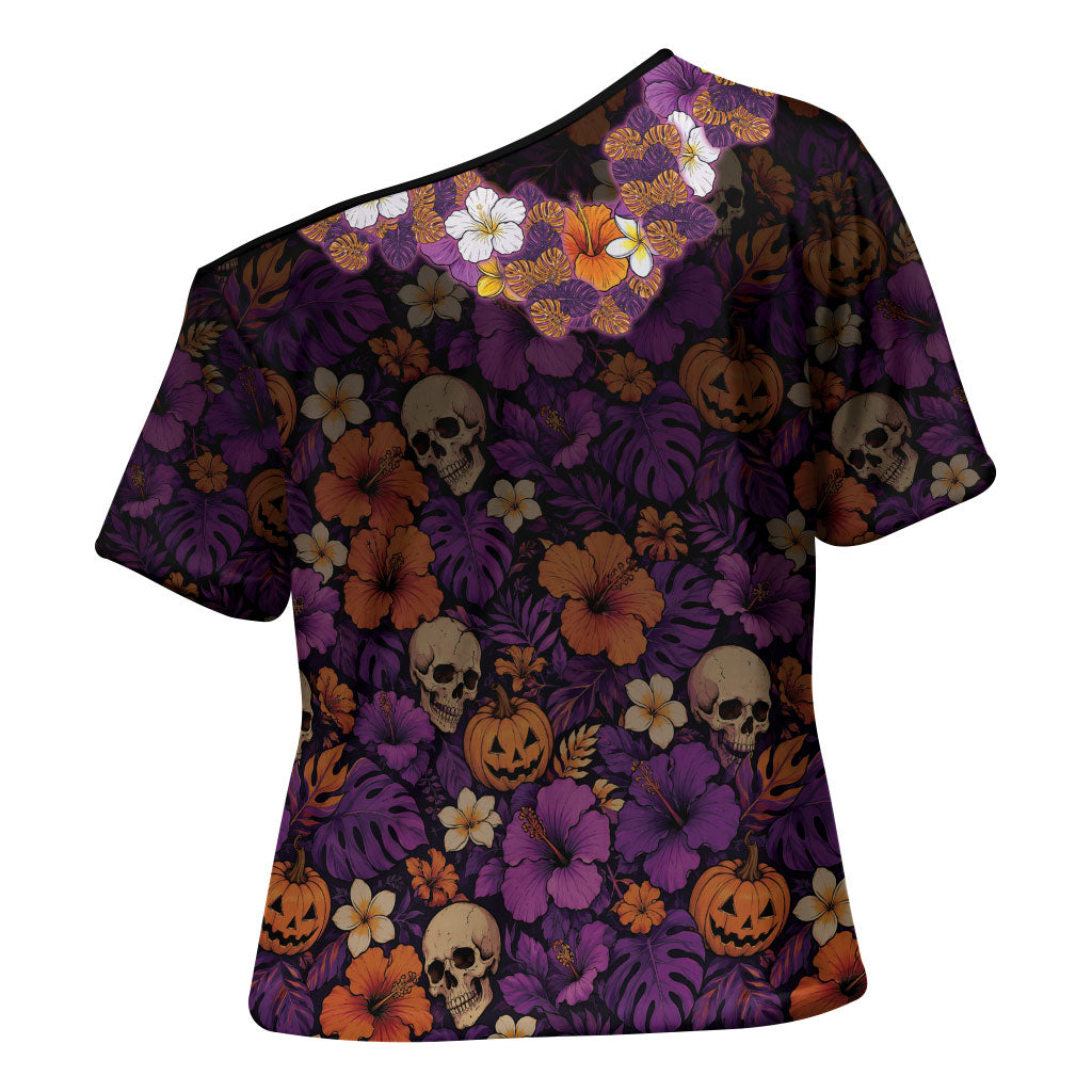 Hawaii Halloween Cross Shoulder Shirt Skeleton Bones Flower Lei Tropical Floral DT05 - Polynesian Pride