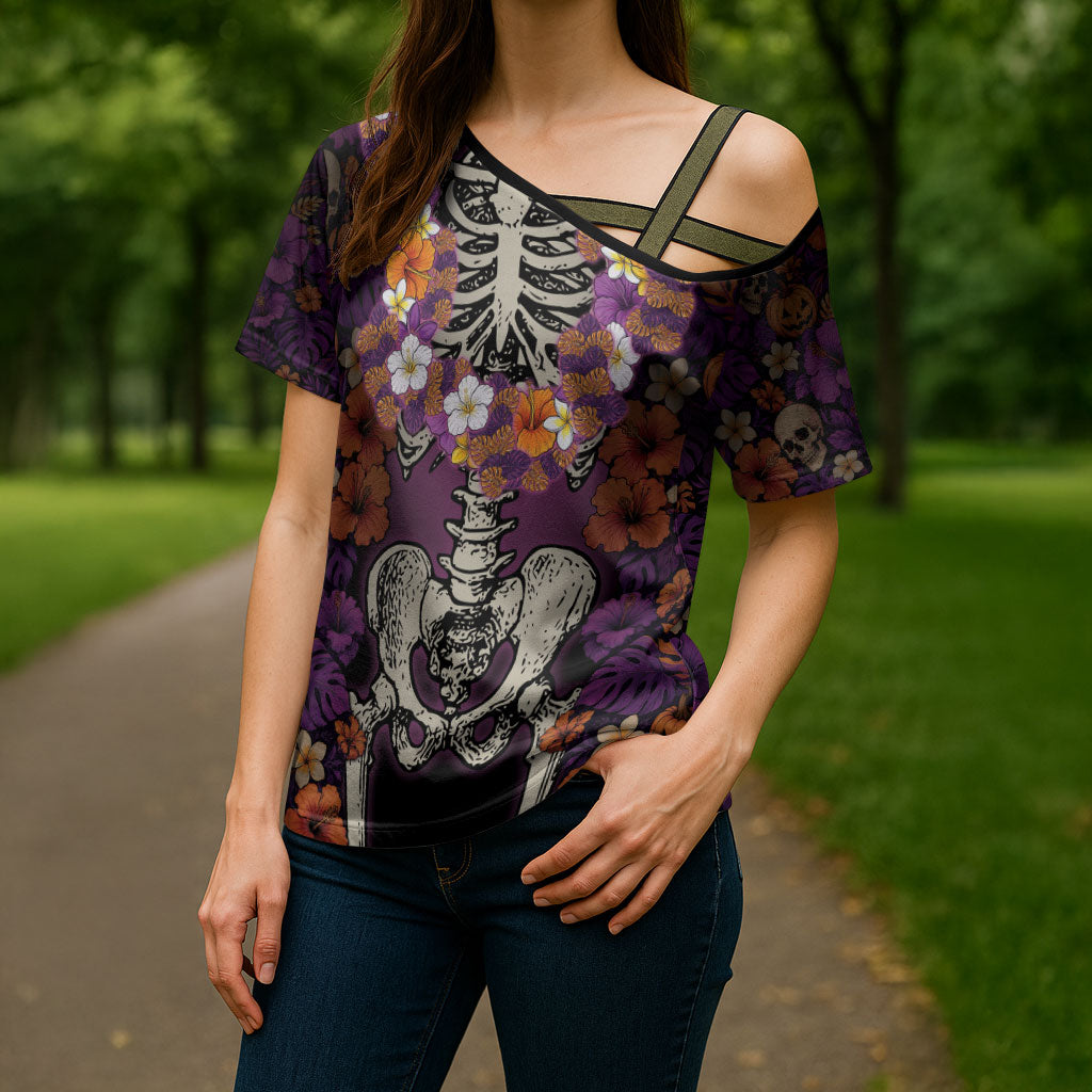 Hawaii Halloween Cross Shoulder Shirt Skeleton Bones Flower Lei Tropical Floral DT05 - Polynesian Pride