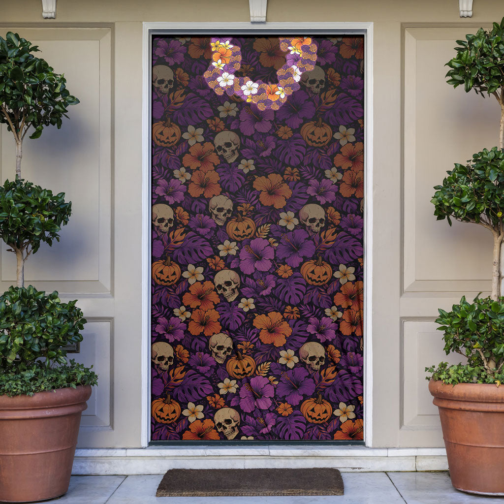 Hawaii Halloween Door Cover Skeleton Bones Flower Lei Tropical Floral DT05 Black - Polynesian Pride