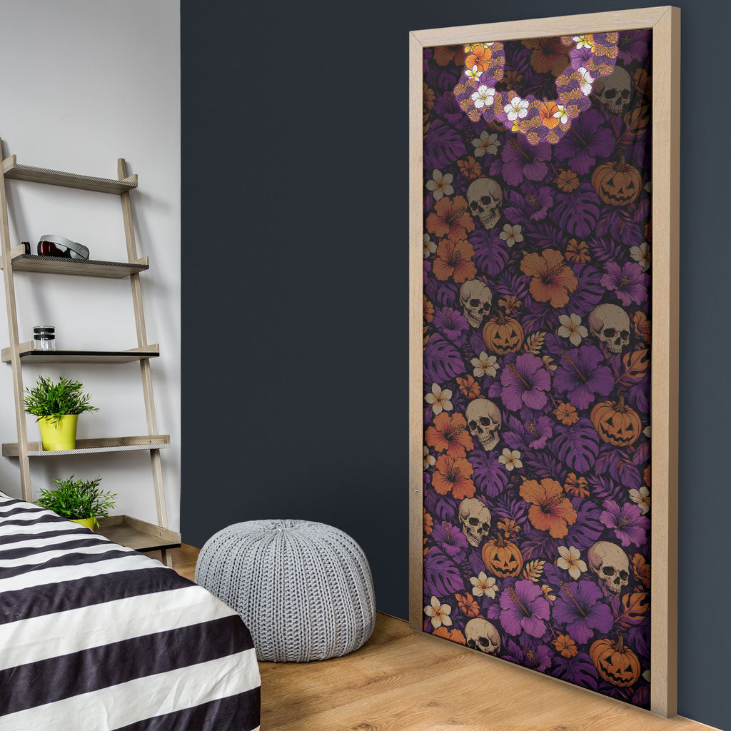 Hawaii Halloween Door Cover Skeleton Bones Flower Lei Tropical Floral DT05 - Polynesian Pride