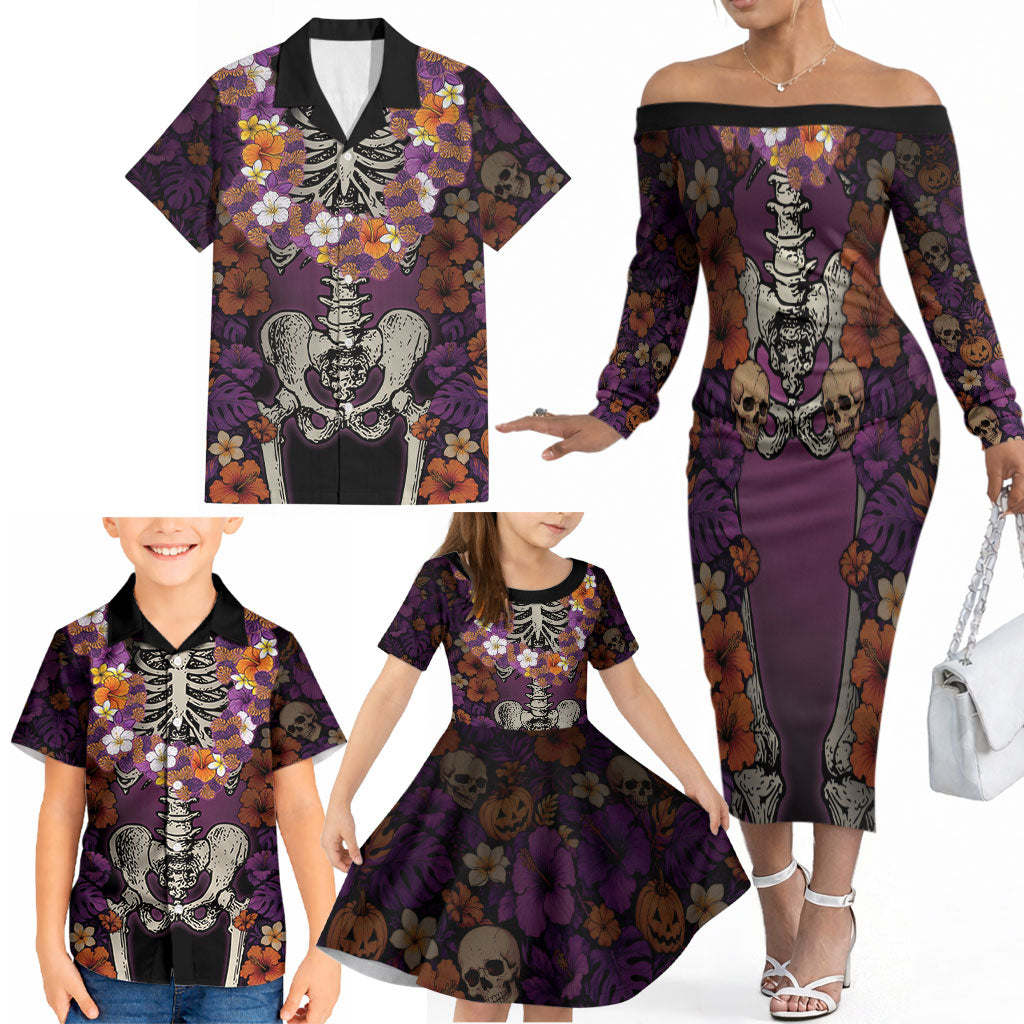 Hawaii Halloween Family Matching Off The Shoulder Long Sleeve Dress and Hawaiian Shirt Skeleton Bones Flower Lei Tropical Floral DT05 - Polynesian Pride
