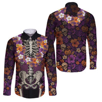 Hawaii Halloween Family Matching Off Shoulder Maxi Dress and Hawaiian Shirt Skeleton Bones Flower Lei Tropical Floral DT05 Dad's Shirt - Long Sleeve Black - Polynesian Pride