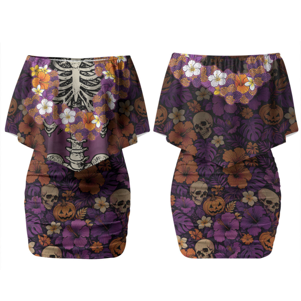 Hawaii Halloween Family Matching Off Shoulder Short Dress and Hawaiian Shirt Skeleton Bones Flower Lei Tropical Floral DT05 Mom's Dress Black - Polynesian Pride