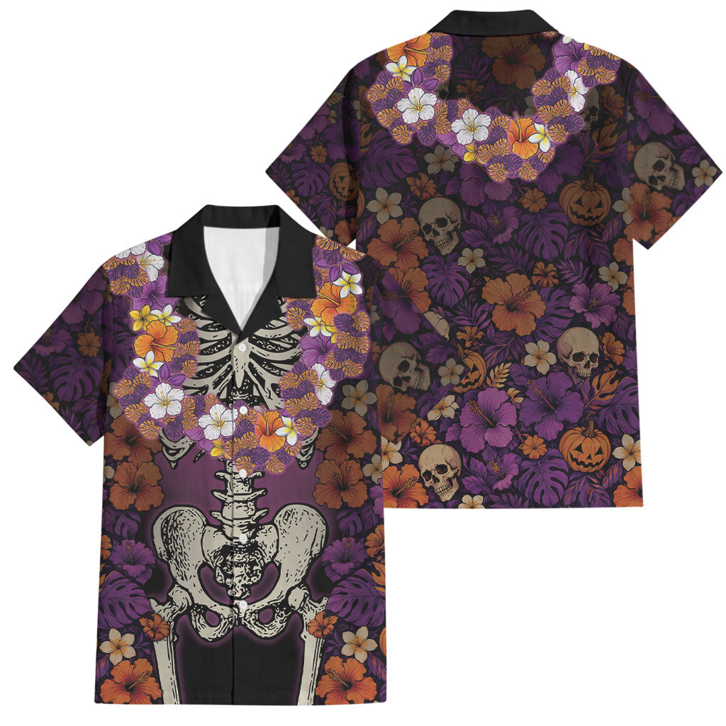 Hawaii Halloween Family Matching Off Shoulder Short Dress and Hawaiian Shirt Skeleton Bones Flower Lei Tropical Floral DT05 Dad's Shirt - Short Sleeve Black - Polynesian Pride