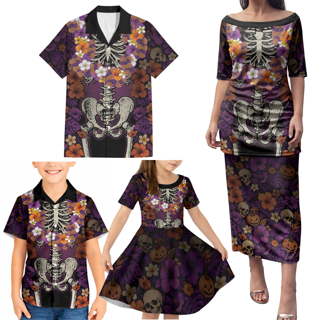 Hawaii Halloween Family Matching Puletasi and Hawaiian Shirt Skeleton Bones Flower Lei Tropical Floral DT05 - Polynesian Pride