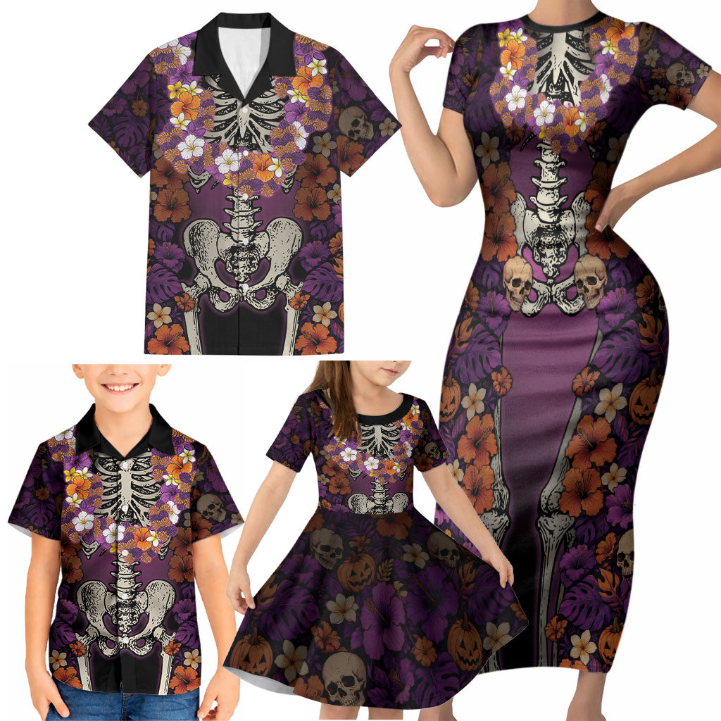Hawaii Halloween Family Matching Short Sleeve Bodycon Dress and Hawaiian Shirt Skeleton Bones Flower Lei Tropical Floral DT05 - Polynesian Pride