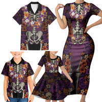 Hawaii Halloween Family Matching Short Sleeve Bodycon Dress and Hawaiian Shirt Skeleton Bones Flower Lei Tropical Floral DT05 - Polynesian Pride