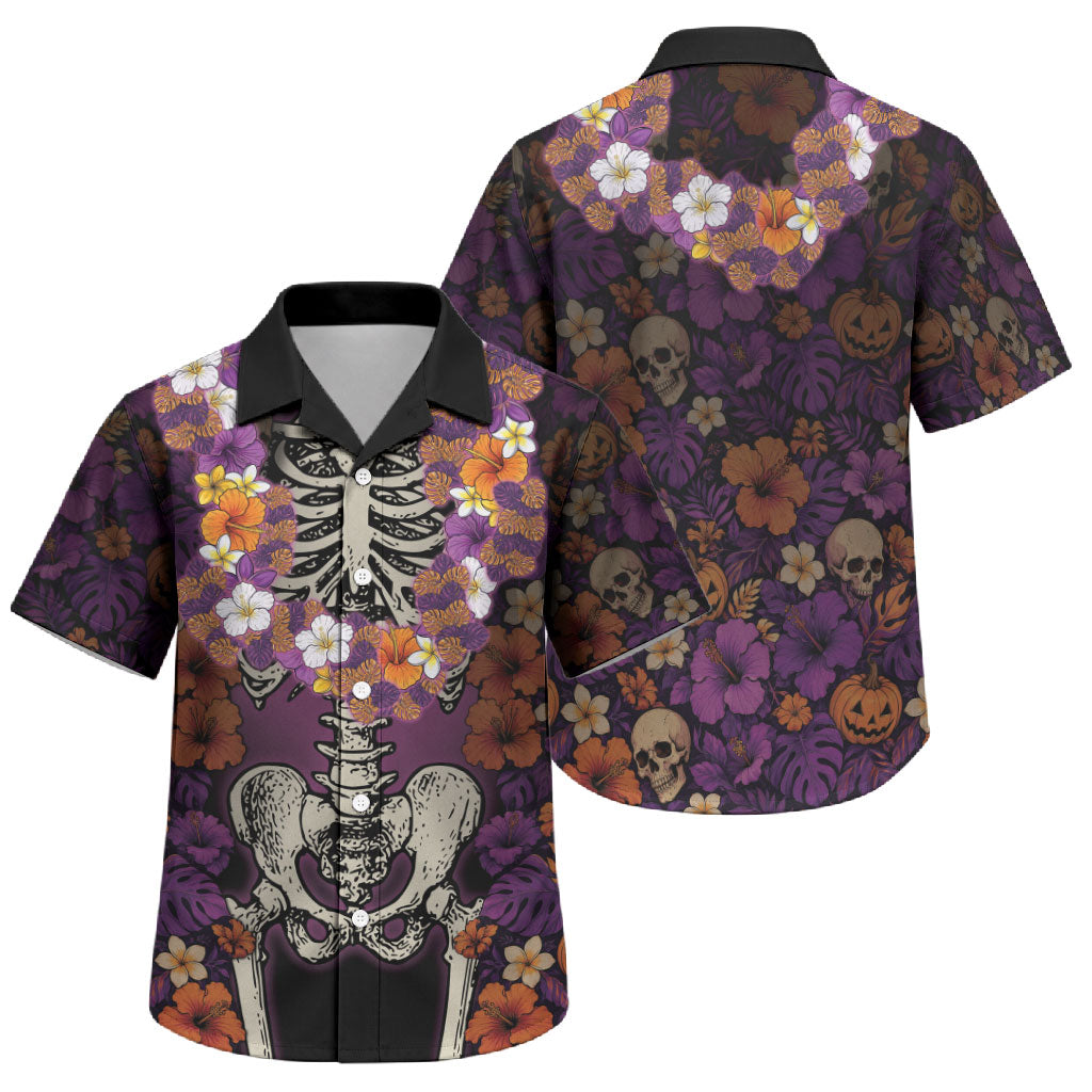 Hawaii Halloween Family Matching Short Sleeve Bodycon Dress and Hawaiian Shirt Skeleton Bones Flower Lei Tropical Floral DT05 Son's Shirt Black - Polynesian Pride