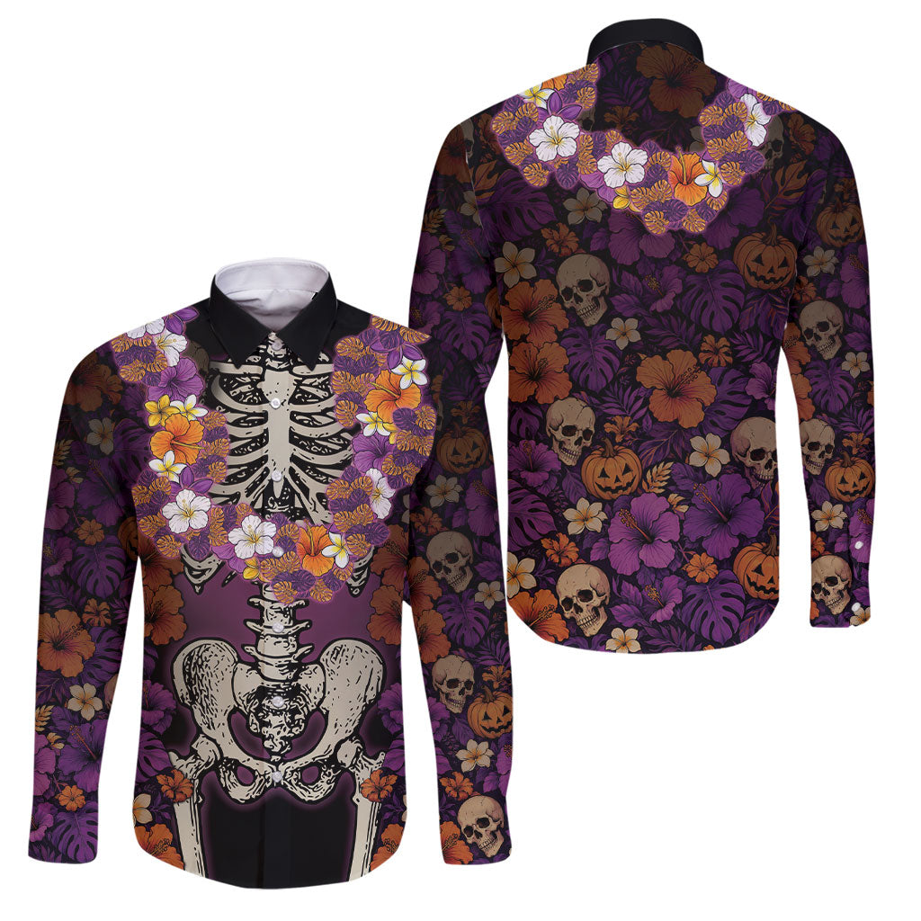 Hawaii Halloween Family Matching Summer Maxi Dress and Hawaiian Shirt Skeleton Bones Flower Lei Tropical Floral DT05 Dad's Shirt - Long Sleeve Black - Polynesian Pride