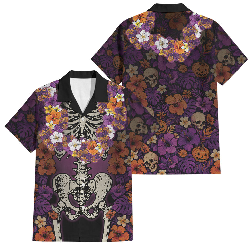 Hawaii Halloween Family Matching Tank Maxi Dress and Hawaiian Shirt Skeleton Bones Flower Lei Tropical Floral DT05 Dad's Shirt - Short Sleeve Black - Polynesian Pride