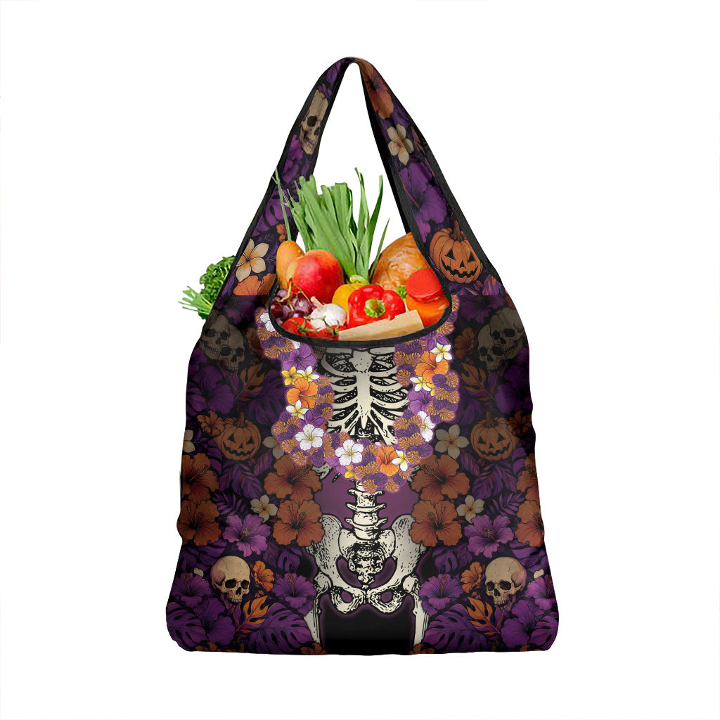 Hawaii Halloween Grocery Bag Skeleton Bones Flower Lei Tropical Floral DT05 1-pack One Size Black - Polynesian Pride