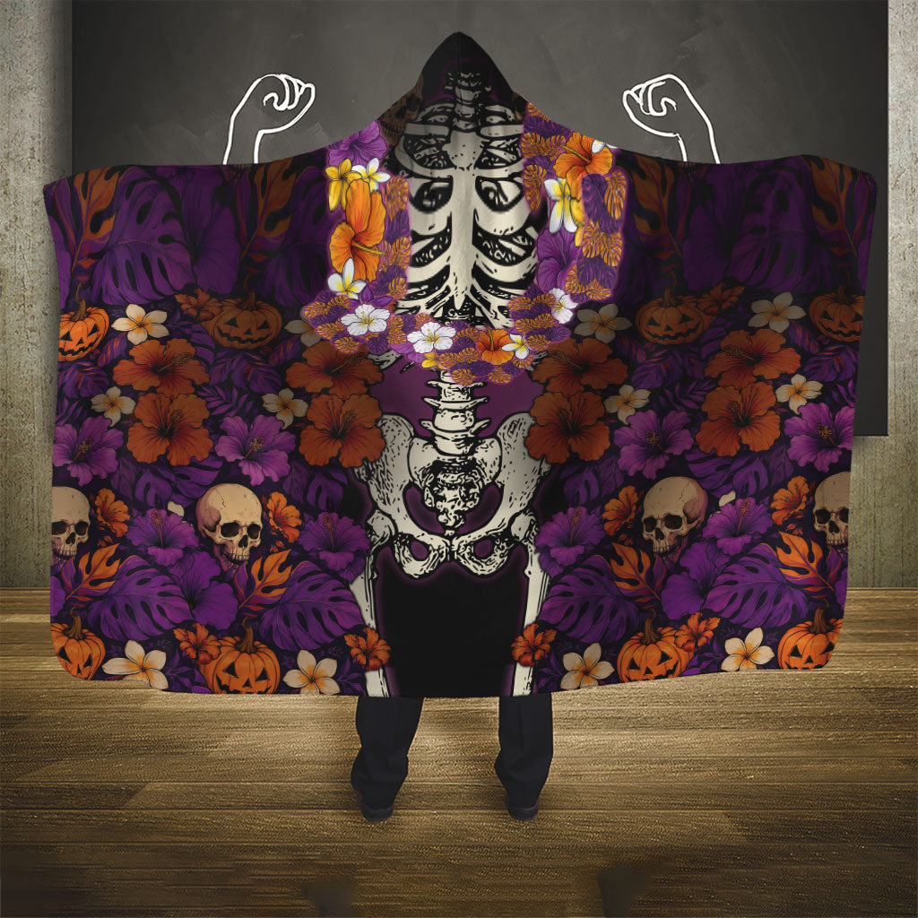 Hawaii Halloween Hooded Blanket Skeleton Bones Flower Lei Tropical Floral DT05 - Polynesian Pride