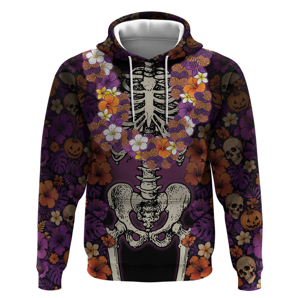 Hawaii Halloween Hoodie Skeleton Bones Flower Lei Tropical Floral DT05 Pullover Hoodie Black - Polynesian Pride