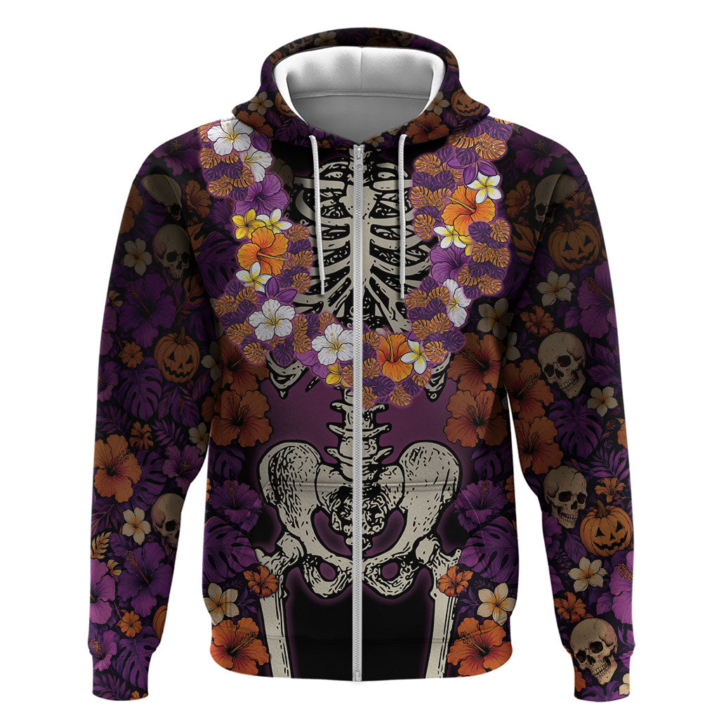 Hawaii Halloween Hoodie Skeleton Bones Flower Lei Tropical Floral DT05 Zip Hoodie Black - Polynesian Pride