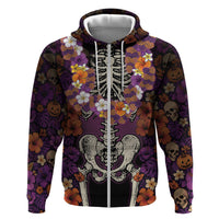 Hawaii Halloween Hoodie Skeleton Bones Flower Lei Tropical Floral DT05 Zip Hoodie Black - Polynesian Pride