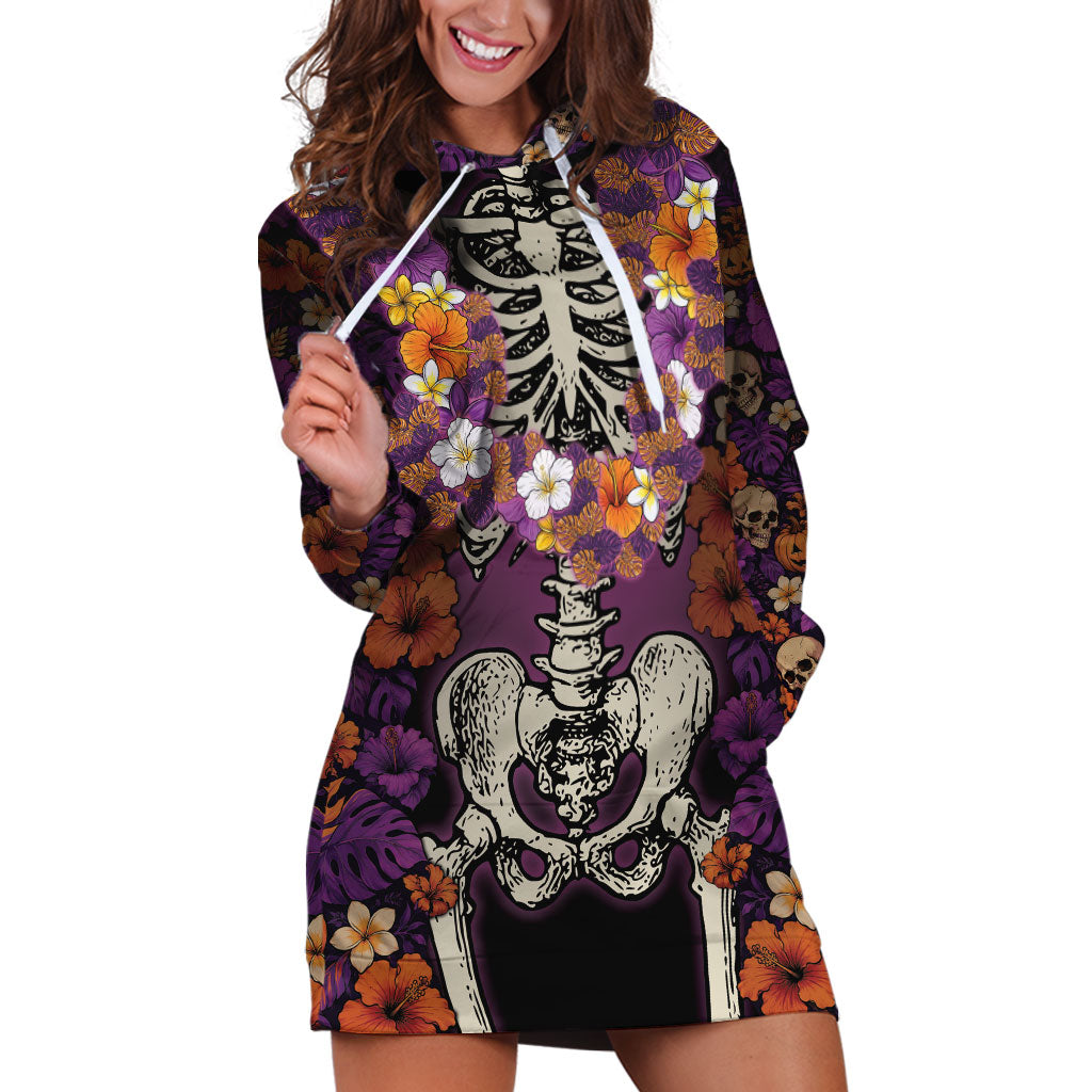 Hawaii Halloween Hoodie Dress Skeleton Bones Flower Lei Tropical Floral DT05 Black - Polynesian Pride