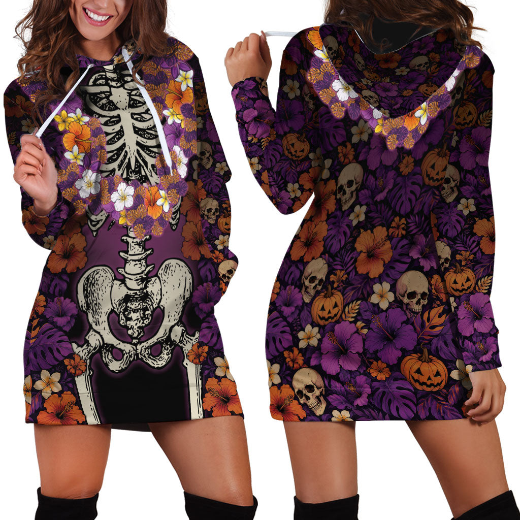 Hawaii Halloween Hoodie Dress Skeleton Bones Flower Lei Tropical Floral DT05 - Polynesian Pride