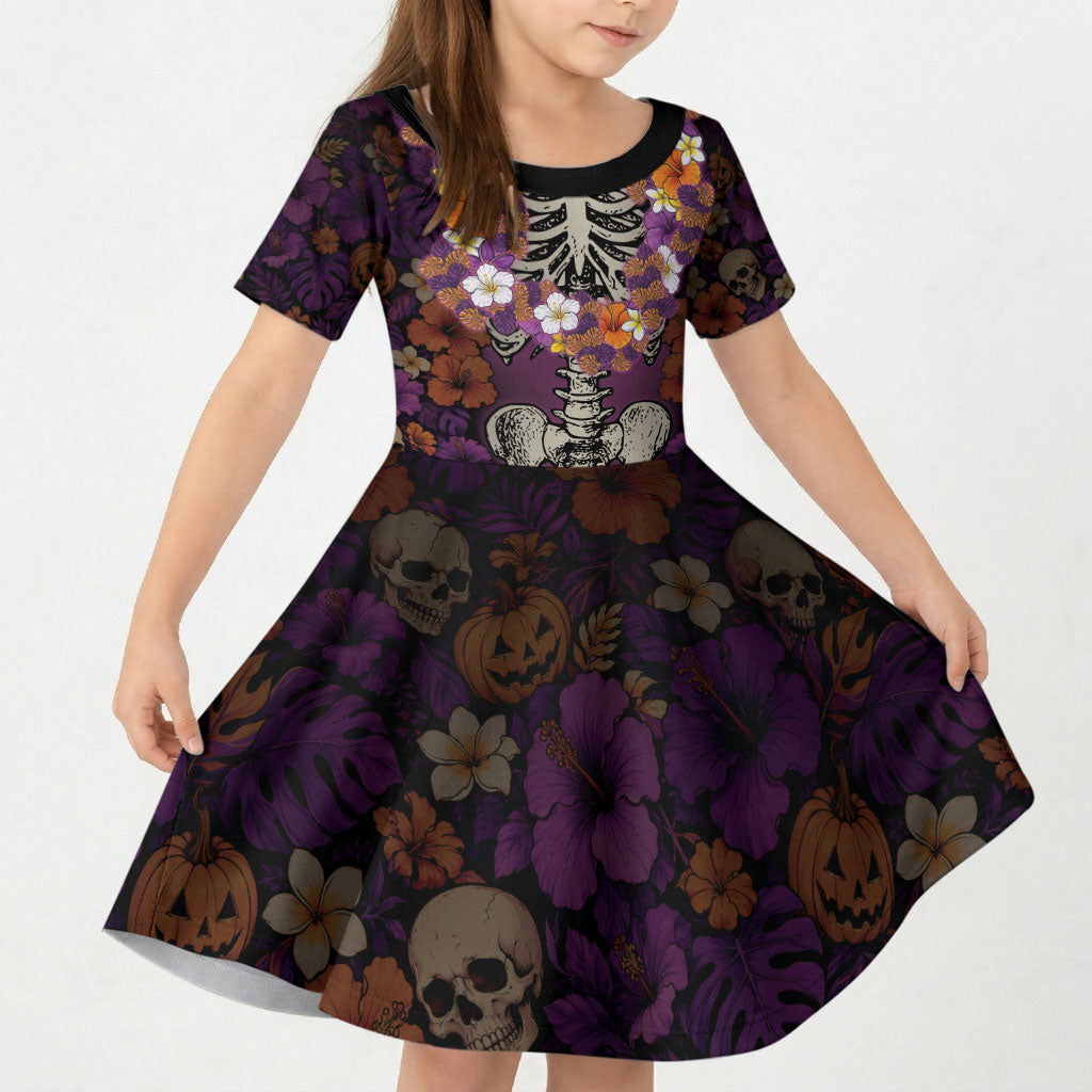 Hawaii Halloween Kid Short Sleeve Dress Skeleton Bones Flower Lei Tropical Floral DT05 KID Black - Polynesian Pride