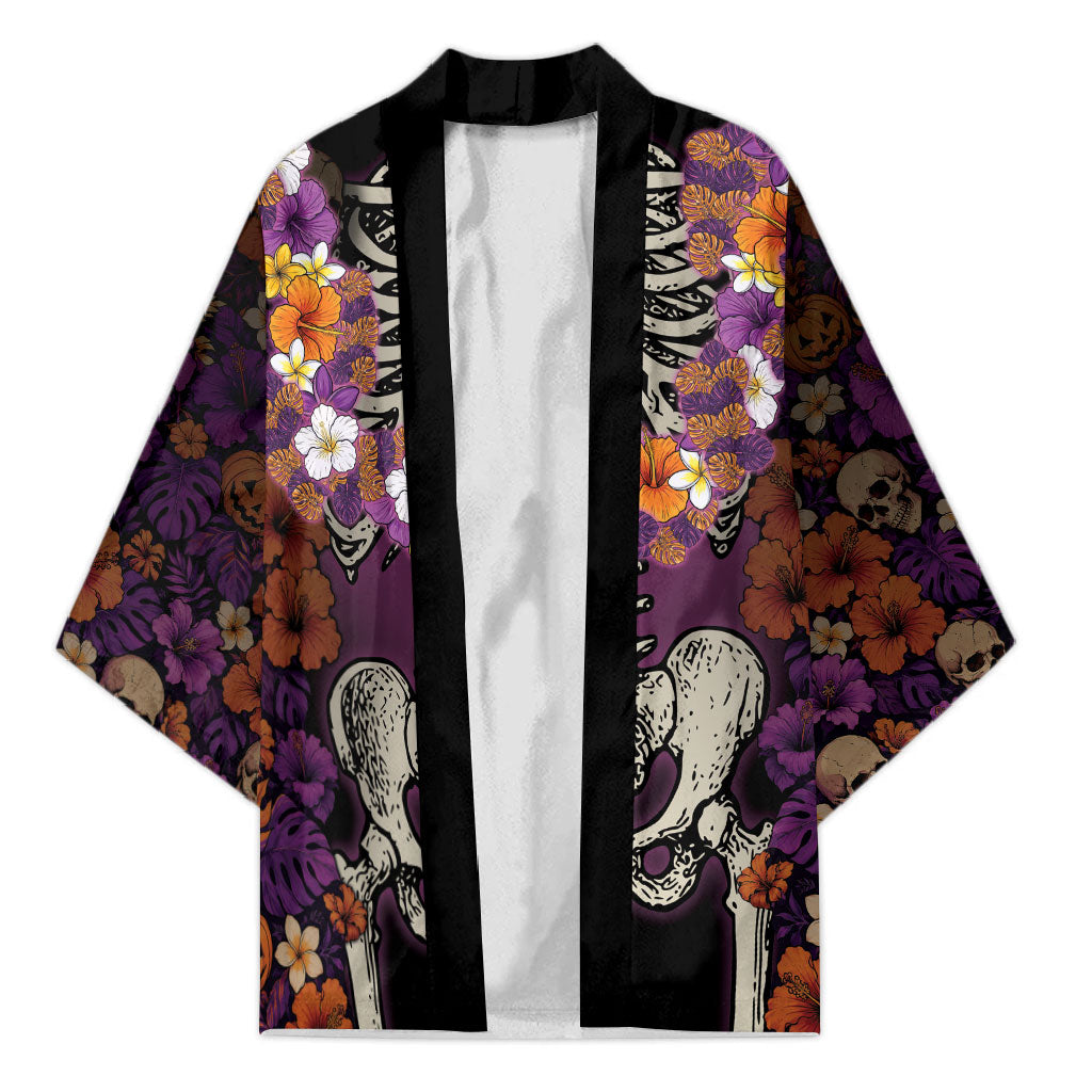 Hawaii Halloween Kimono Skeleton Bones Flower Lei Tropical Floral DT05 Unisex Black - Polynesian Pride
