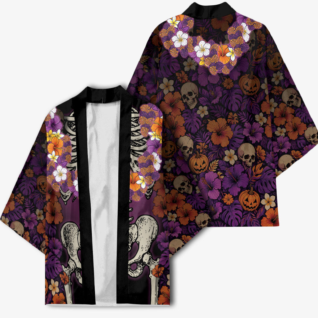 Hawaii Halloween Kimono Skeleton Bones Flower Lei Tropical Floral DT05 - Polynesian Pride