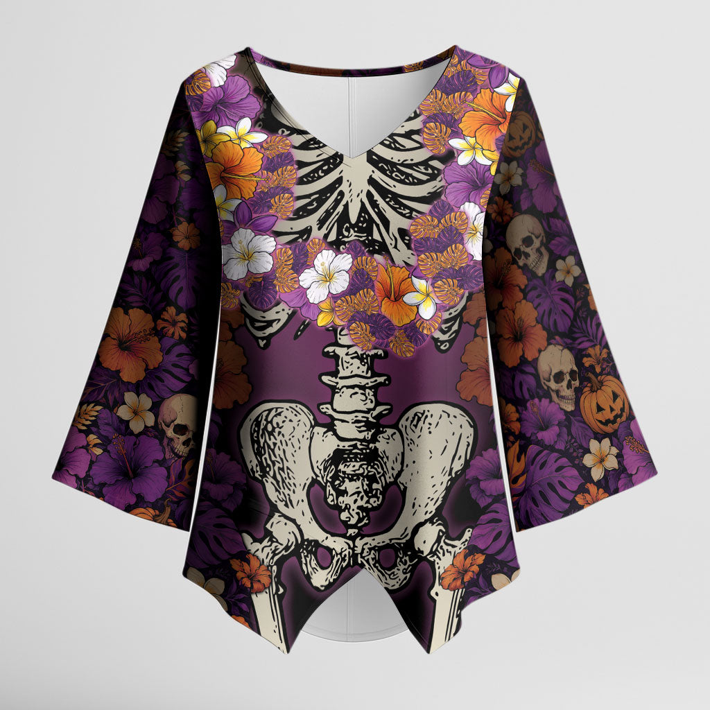 Hawaii Halloween Kimono Sleeve Blouse Skeleton Bones Flower Lei Tropical Floral DT05 Female Black - Polynesian Pride