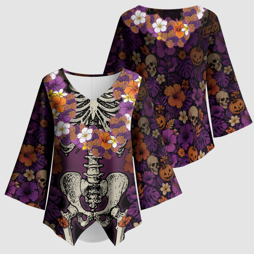 Hawaii Halloween Kimono Sleeve Blouse Skeleton Bones Flower Lei Tropical Floral DT05 - Polynesian Pride