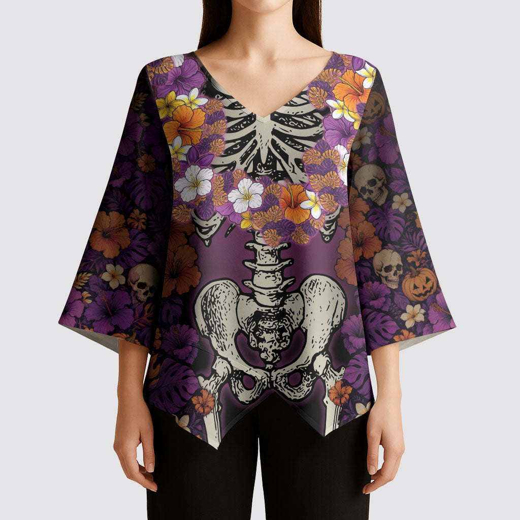 Hawaii Halloween Kimono Sleeve Blouse Skeleton Bones Flower Lei Tropical Floral DT05 - Polynesian Pride