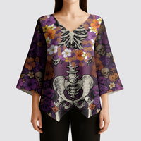 Hawaii Halloween Kimono Sleeve Blouse Skeleton Bones Flower Lei Tropical Floral DT05 - Polynesian Pride