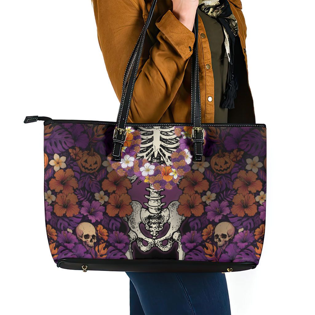 Hawaii Halloween Leather Tote Bag Skeleton Bones Flower Lei Tropical Floral DT05 - Polynesian Pride