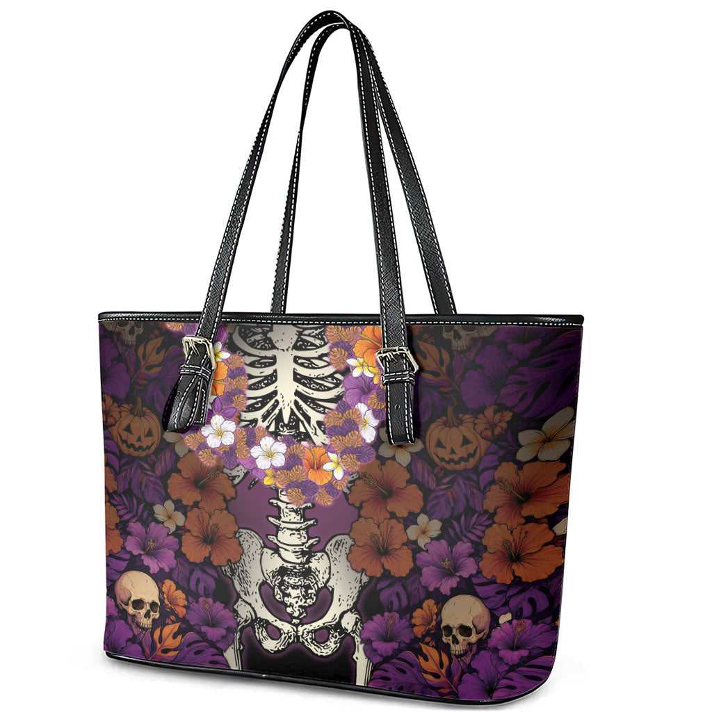 Hawaii Halloween Leather Tote Bag Skeleton Bones Flower Lei Tropical Floral DT05 - Polynesian Pride