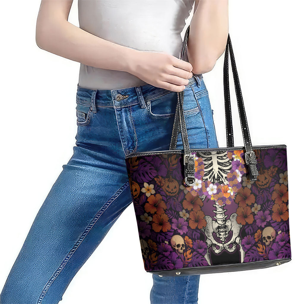 Hawaii Halloween Leather Tote Bag Skeleton Bones Flower Lei Tropical Floral DT05 - Polynesian Pride