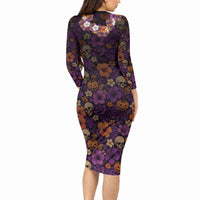 Hawaii Halloween Long Sleeve Bodycon Dress Skeleton Bones Flower Lei Tropical Floral DT05 - Polynesian Pride