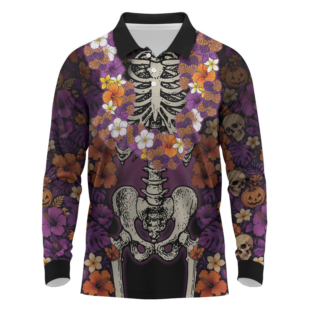 Hawaii Halloween Long Sleeve Polo Shirt Skeleton Bones Flower Lei Tropical Floral DT05 Black - Polynesian Pride