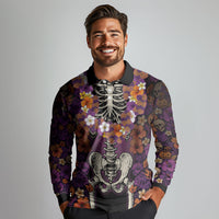 Hawaii Halloween Long Sleeve Polo Shirt Skeleton Bones Flower Lei Tropical Floral DT05 - Polynesian Pride