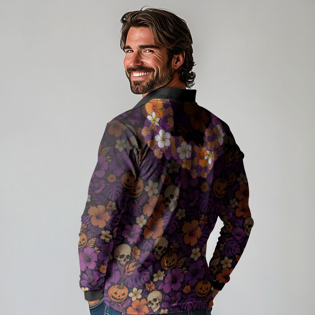Hawaii Halloween Long Sleeve Polo Shirt Skeleton Bones Flower Lei Tropical Floral DT05 - Polynesian Pride