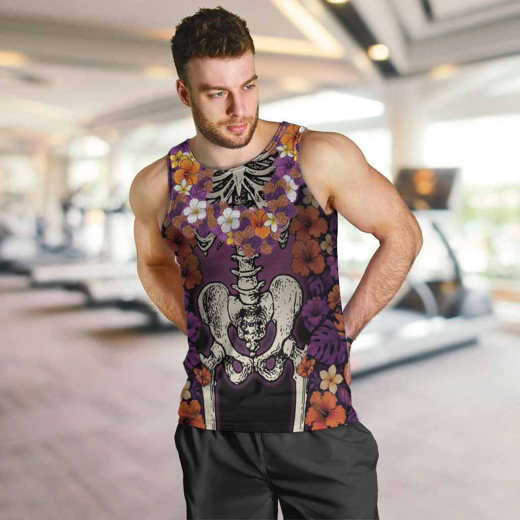 Hawaii Halloween Men Tank Top Skeleton Bones Flower Lei Tropical Floral DT05 Black - Polynesian Pride