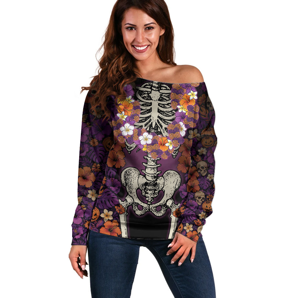 Hawaii Halloween Off Shoulder Sweater Skeleton Bones Flower Lei Tropical Floral DT05 Women Black - Polynesian Pride