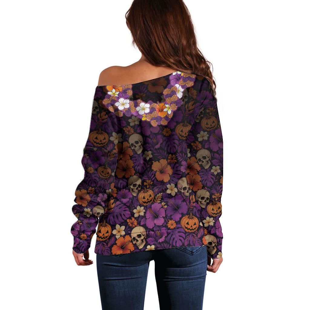 Hawaii Halloween Off Shoulder Sweater Skeleton Bones Flower Lei Tropical Floral DT05 - Polynesian Pride