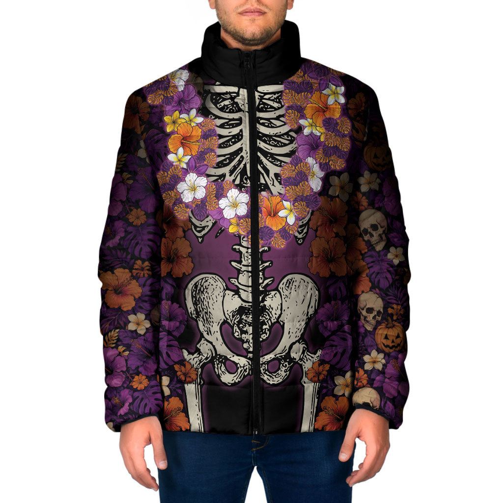 Hawaii Halloween Padded Jacket Skeleton Bones Flower Lei Tropical Floral DT05 Men Black - Polynesian Pride