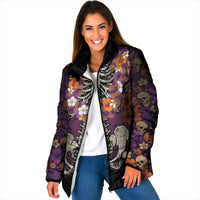 Hawaii Halloween Padded Jacket Skeleton Bones Flower Lei Tropical Floral DT05 Women Black - Polynesian Pride
