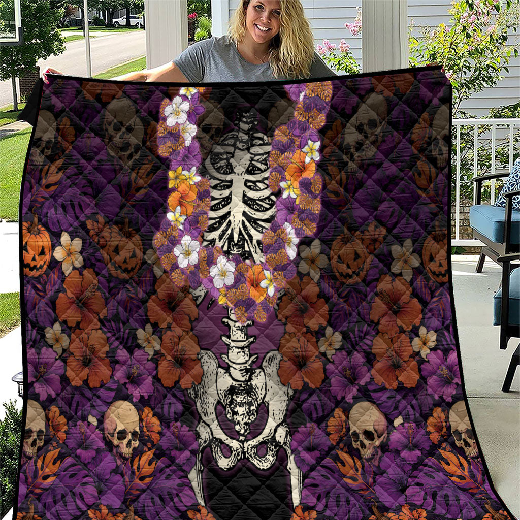 Hawaii Halloween Quilt Skeleton Bones Flower Lei Tropical Floral DT05 Black - Polynesian Pride