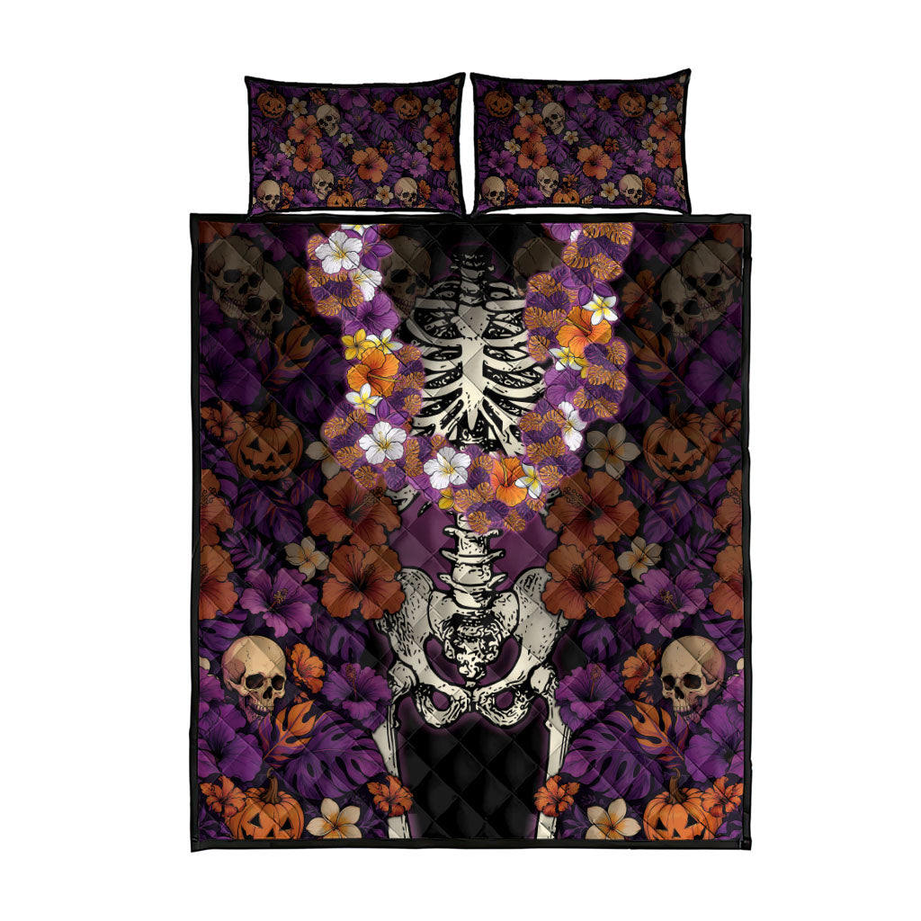 Hawaii Halloween Quilt Bed Set Skeleton Bones Flower Lei Tropical Floral DT05 - Polynesian Pride