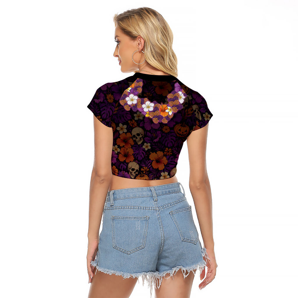 Hawaii Halloween Raglan Cropped T Shirt Skeleton Bones Flower Lei Tropical Floral DT05 - Polynesian Pride