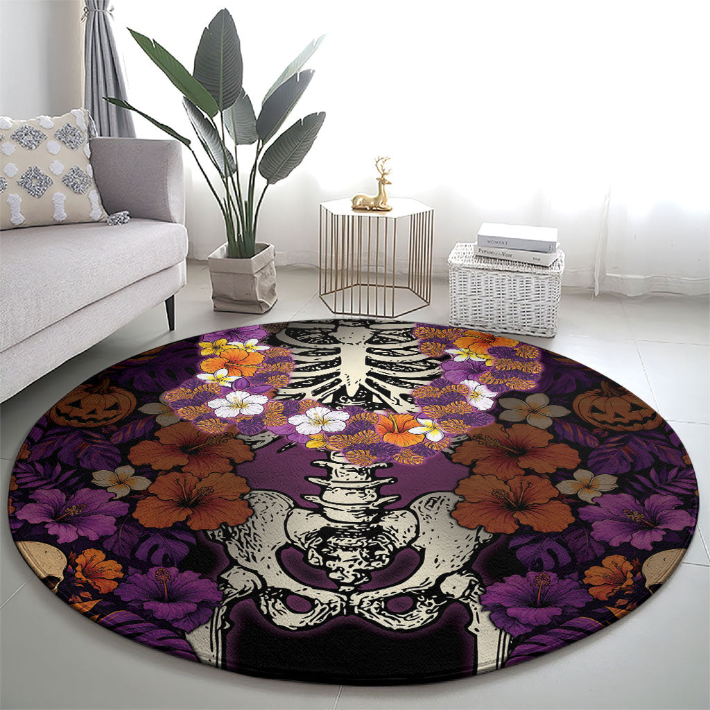 Hawaii Halloween Round Carpet Skeleton Bones Flower Lei Tropical Floral DT05 - Polynesian Pride