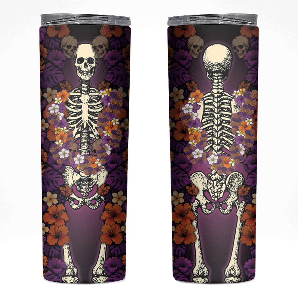 Hawaii Halloween Skinny Tumbler Skeleton Bones Flower Lei Tropical Floral DT05 Black - Polynesian Pride