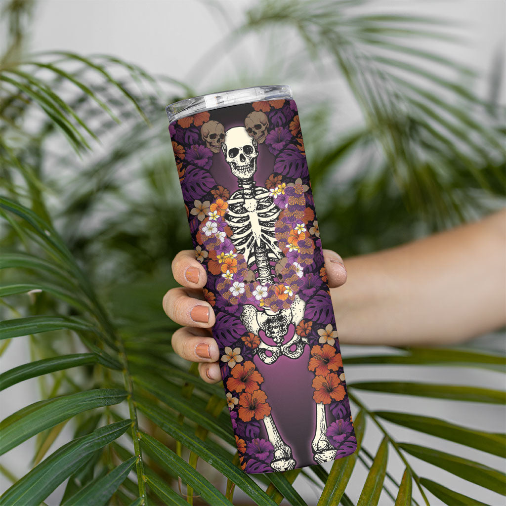 Hawaii Halloween Skinny Tumbler Skeleton Bones Flower Lei Tropical Floral DT05 - Polynesian Pride